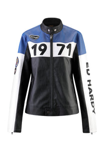 Kvinner ED-1971 Moto Biker Jacket- Svart/Blå/Hvit
