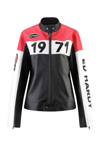 Veste de motard moto ED-1971 pour femme - Noir/Rouge/Blanc