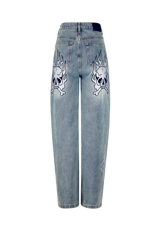 Pantaloni jeans rilassati in denim con teschio fiammeggiante da donna - Blu