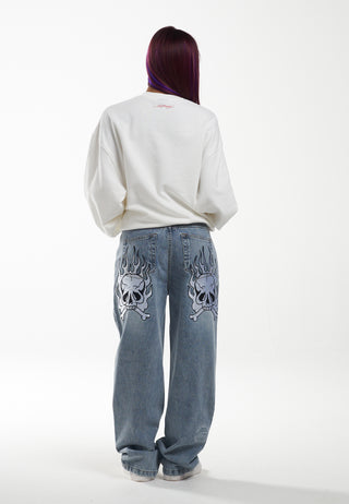Pantalon en jean décontracté Flaming Skull pour femme - Bleu