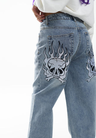 Dame Flaming Skull Relaxed Denim Bukser Jeans - Blå