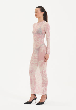 Dames Flash Sheet Mesh Maxi-jurk met lange mouwen - Roze