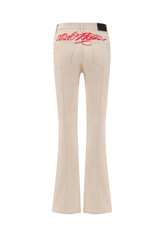 Womens Floral Cross Flared Jeans - Beige