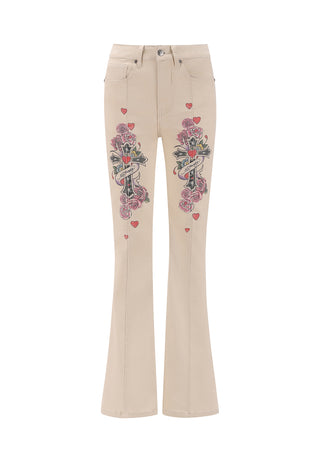 Womens Floral Cross Flared Jeans - Beige