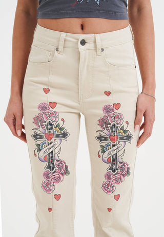 Womens Floral Cross Flared Jeans - Beige