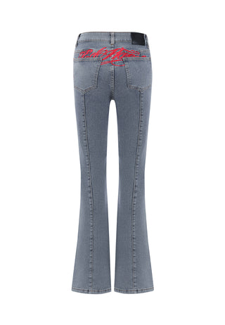 Womens Floral Cross Flared Jeans - Mid Blue