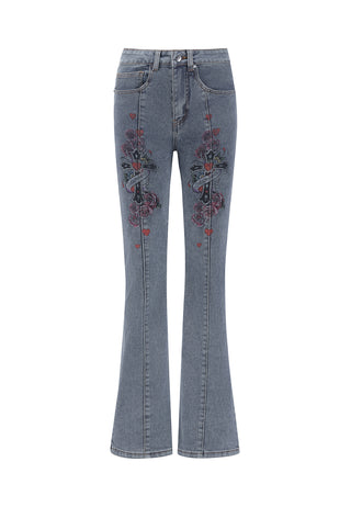 Womens Floral Cross Flared Jeans - Mid Blue