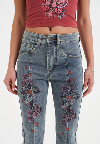 Womens Floral Cross Flared Jeans - Mid Blue