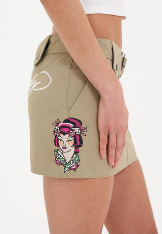 Damska mini spódniczka cargo z motywem gejszy - zielona