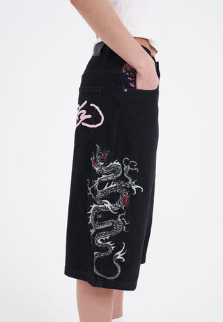 Grijze Dragon Relaxed Denim Jorts Shorts Voor Dames - Zwart