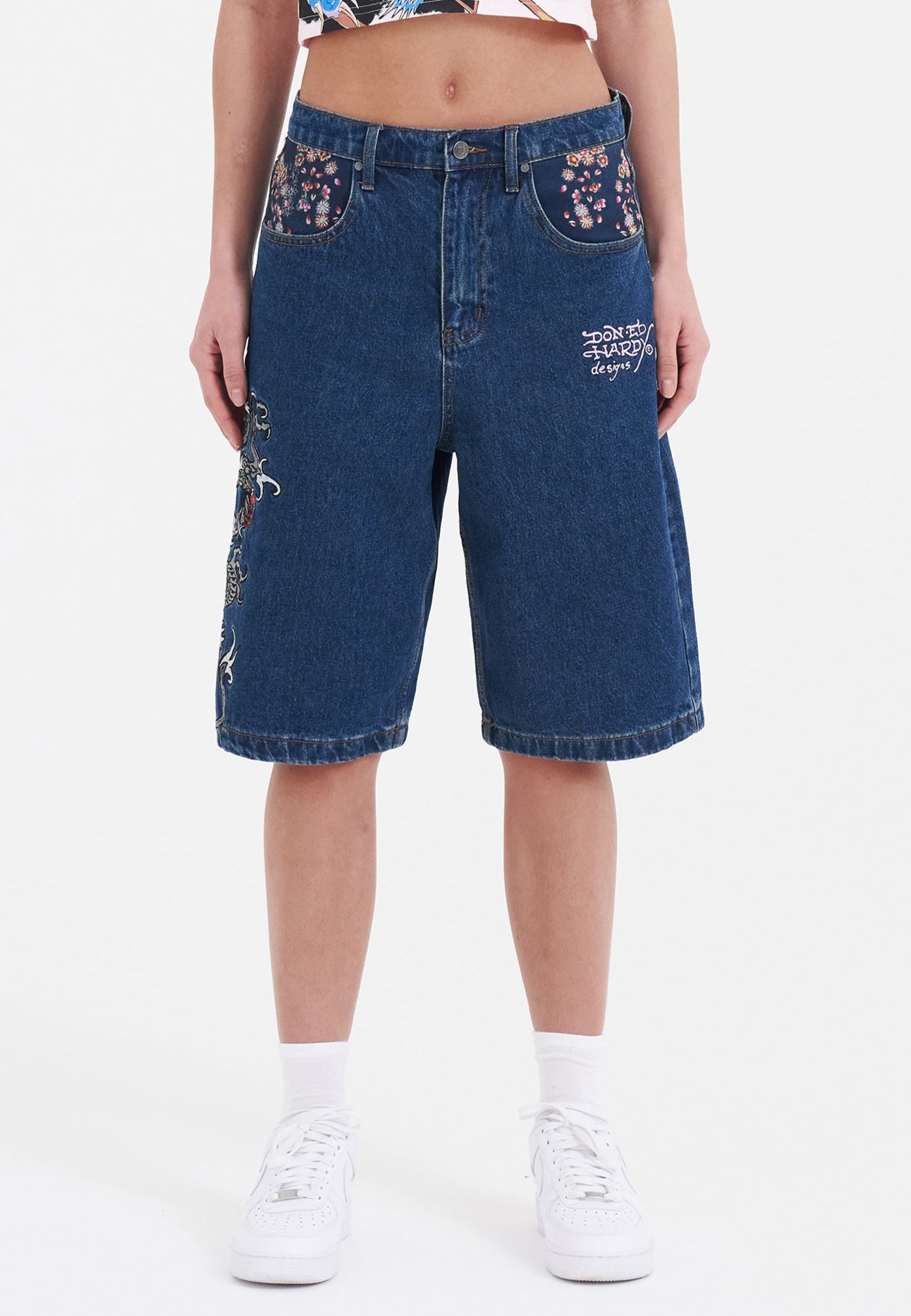 Womens Grey Dragon Relaxed Denim Jorts Shorts - Indigo – Ed Hardy