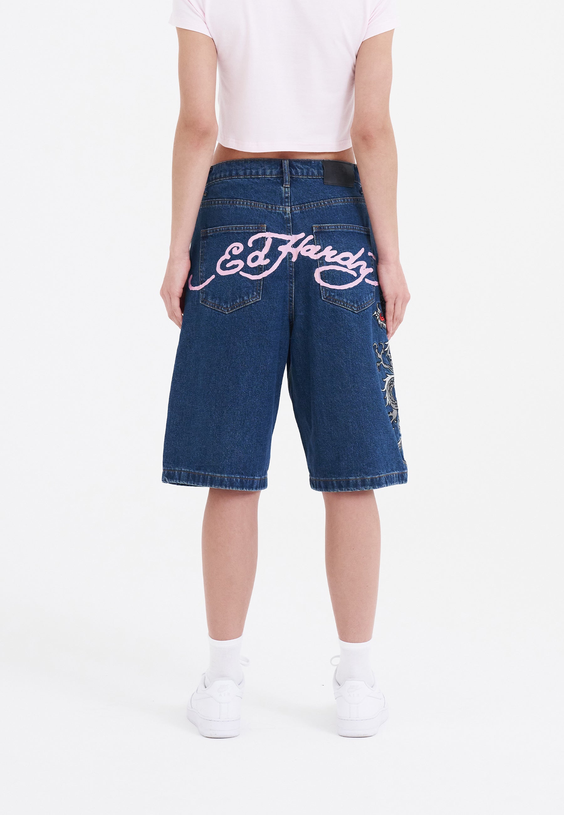 Womens Grey Dragon Relaxed Denim Jorts Shorts - Indigo – Ed Hardy