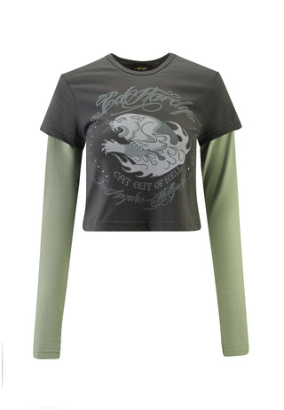 Womens Hellcat Double Sleeve Diamante Baby Tshirt Top -Charcoal/Green