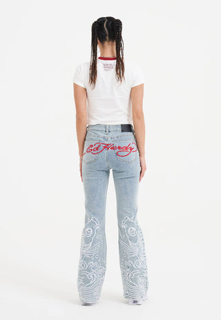 Womens Jumping Koi Denim Flared Jeans - Bleach