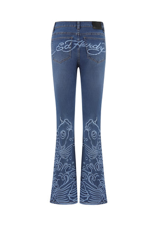 Womens Jumping Koi Denim Flared Jeans - Indigo