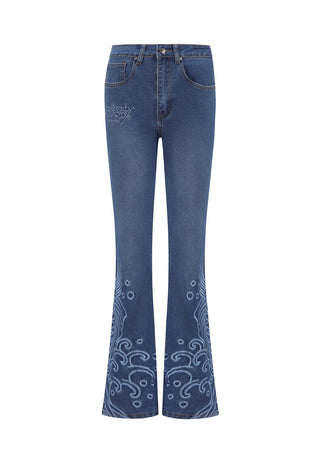 Womens Jumping Koi Denim Flared Jeans - Indigo