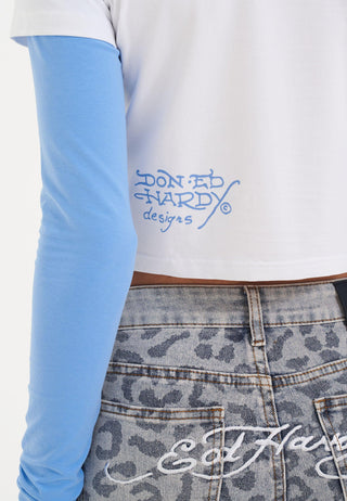 Haut t-shirt pour bébé à manches doubles Kill Slowly pour femmes - Blanc/Bleu clair