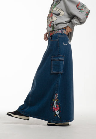 Saia Midi Jeans Killer Rose Feminina - Azul
