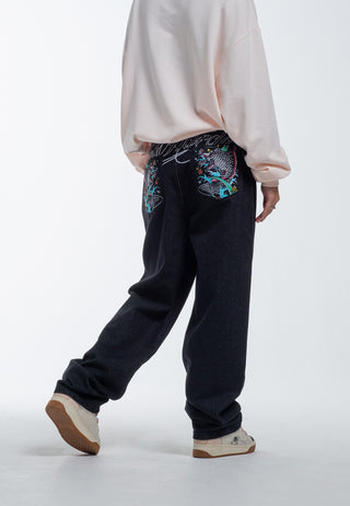 Calça jeans feminina Koi Island relaxada - preta