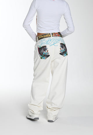 Pantaloni jeans rilassati in denim da donna Koi Island - bianchi