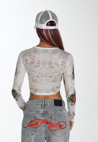 T-shirt a maniche lunghe in rete Koi Paradise da donna - Bianca