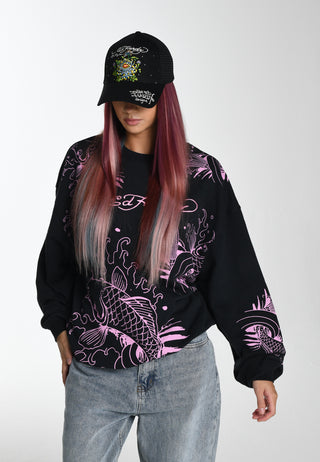 Lässiges Damen-Sweatshirt mit Koi River-Grafik und Rundhalsausschnitt – Anthrazit
