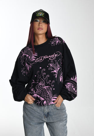 Womens Koi River Graphic Relaxed Crew Neck Sweatshirt - Charcoal