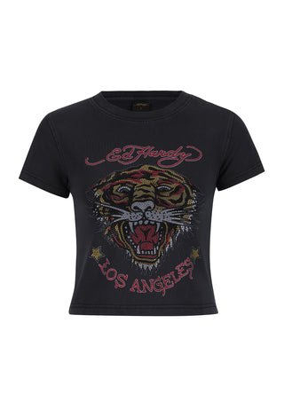La-Roar-Tiger Diamante Kurz geschnittenes Baby-T-Shirt für Damen – Schwarz