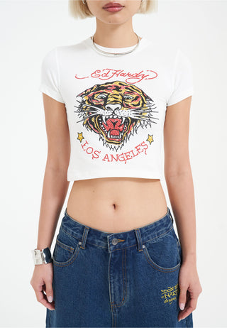 Damen La-Roar-Tiger Diamante Kurz geschnittenes Baby-T-Shirt-Oberteil – Weiß