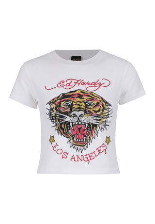 Damen La-Roar-Tiger Diamante Kurz geschnittenes Baby-T-Shirt-Oberteil – Weiß