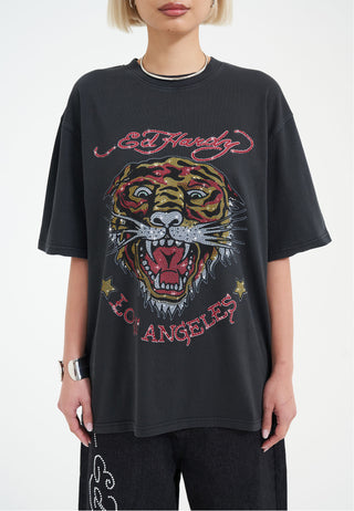 Dame La Tiger Vintage Diamante Tshirt - Sort