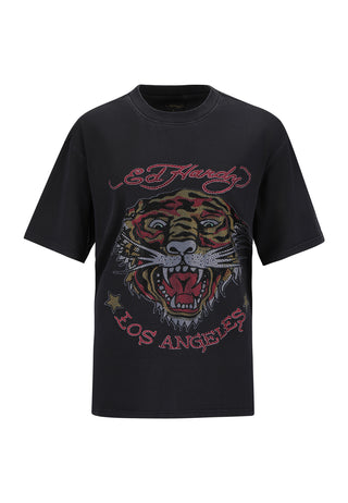 Damen La Tiger Vintage Diamante T-Shirt - Schwarz