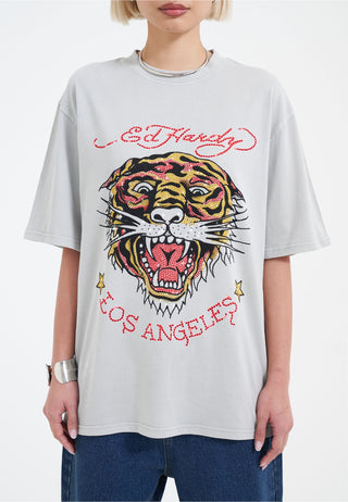 Dam La Tiger Vintage Diamante Tshirt - Grå