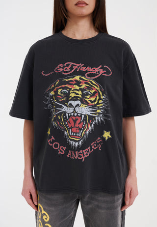 Dame La-Tiger-Vintage Tshirt Top - Sort