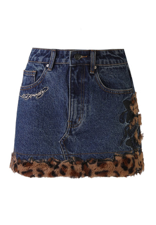 Womens Leo Fur Trim Denim Mini Skirt - Indigo