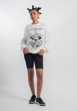 Damski sweter Live Fast Tonal o luźnym kroju z okrągłym dekoltem - biały