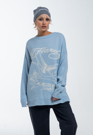 Lovebird Jacquard strikket genser for kvinner - blå