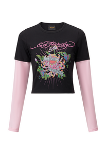 Dames Love Eternal Lily gekrompen T-shirt met dubbele mouwen - zwart