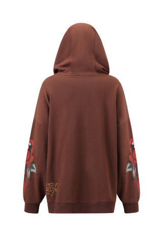 Womens Love Hard Graphic Relaxed Pouch Hoodie - Brown