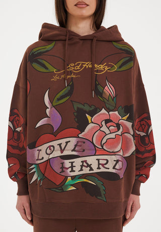 Womens Love Hard Graphic Relaxed Pouch Hoodie - Brun