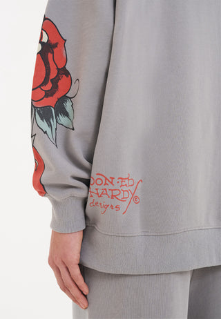 Womens Love Hard Graphic Relaxed Pouch Hoodie - Grå