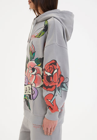 Womens Love Hard Graphic Relaxed Pouch Hoodie - Grå
