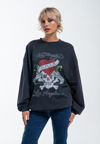 Damen-Sweatshirt „Love Kills Slowly“ mit lockerem Rundhalsausschnitt und Grafik – Schwarz