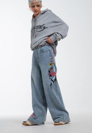 Womens Love Kills Xtra Oversized Denim Broek Jeans - Bleekmiddel