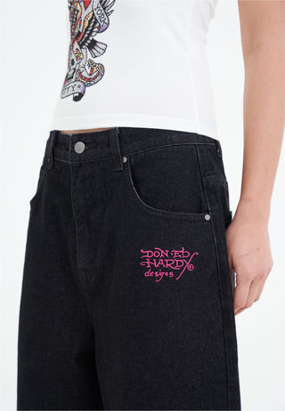 Womens Love Wrapped Diamante Denim Jorts Shorts - Svart