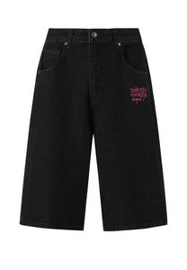 Dames Love Wrapped Diamante Denim Jorts Shorts - Zwart
