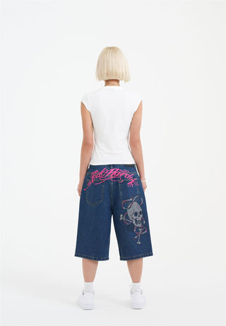 Dame Love Wrapped Diamante Denim Jorts Shorts - Indigo