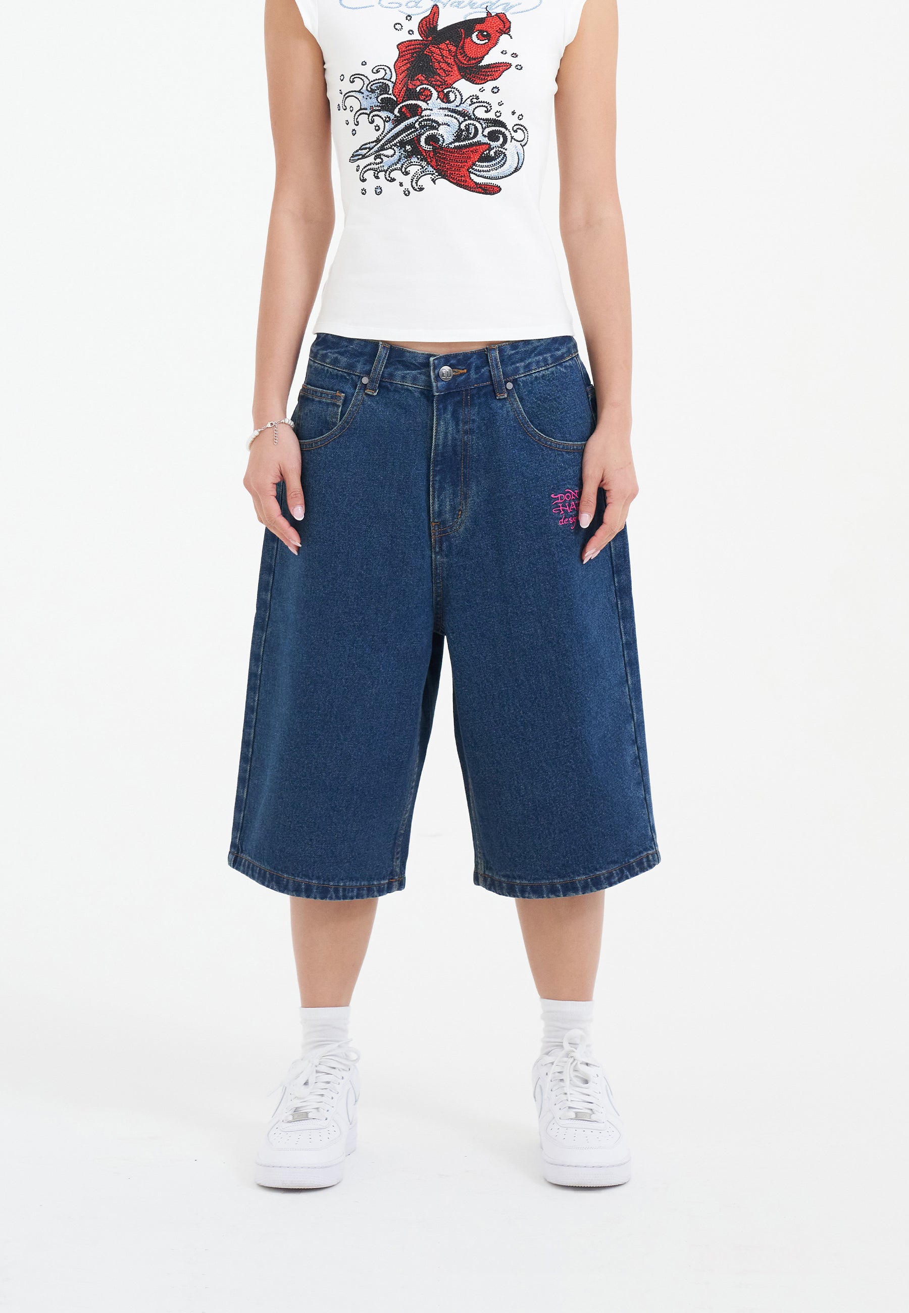 Womens Love Wrapped Diamante Denim Jorts Shorts - Indigo – Ed