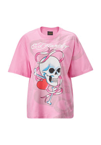 Damska koszulka o luźnym kroju z motywem miłosnym - różowa