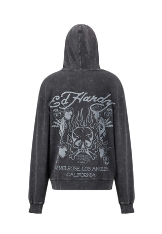 Mono Acid Flaming Skull-hoodie met rits voor dames - houtskool